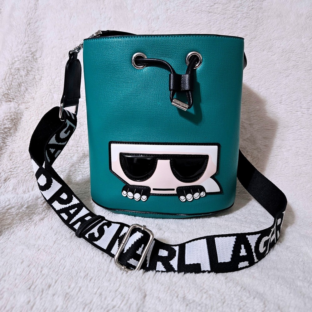 Karl Lagerfeld Paris Teal‎ Green Ikonik Karl Bucket Bag Crossbody Logo Strap